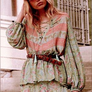 SPELL Long Sleeve Lace-Up City Lights Boho Blouse, NEW